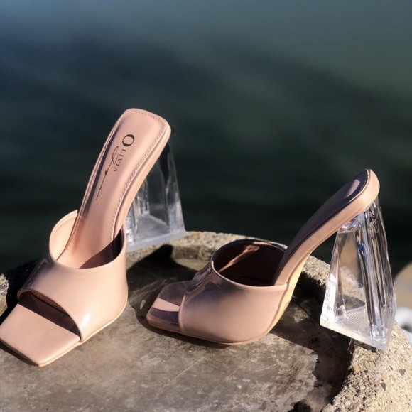 NEW Patent Clear Triangle High Block Heel Square Toe Slip On Sandals Mules Shoes - Picture 5 of 10